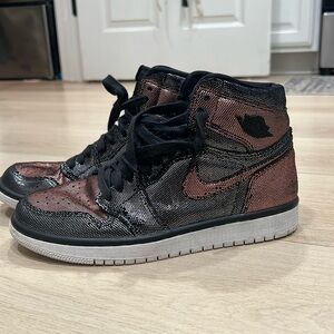 Jordan Nike Womens Air 1 Hi OG Fearless Black/Black-MTLC Rose Gld Size 8